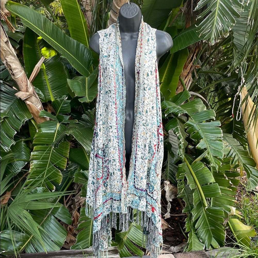 soft surroundings Jacquard Bohemian fringe vest
